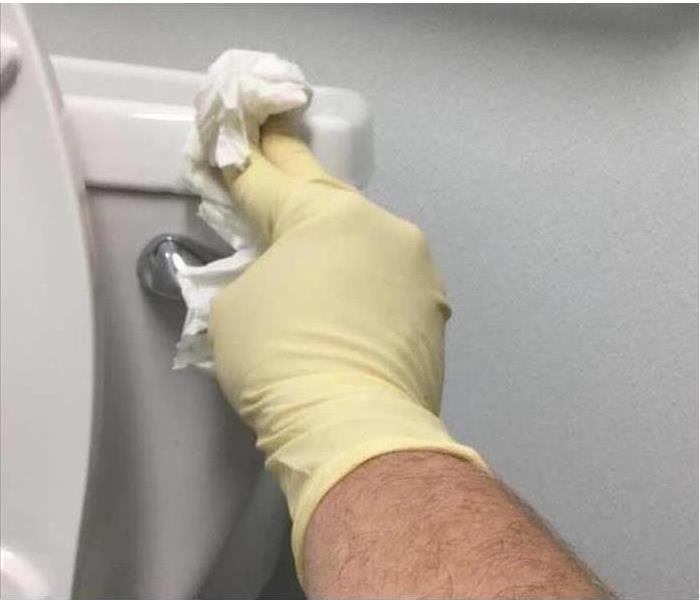 picture of a gloved hand cleaning the toilet handle