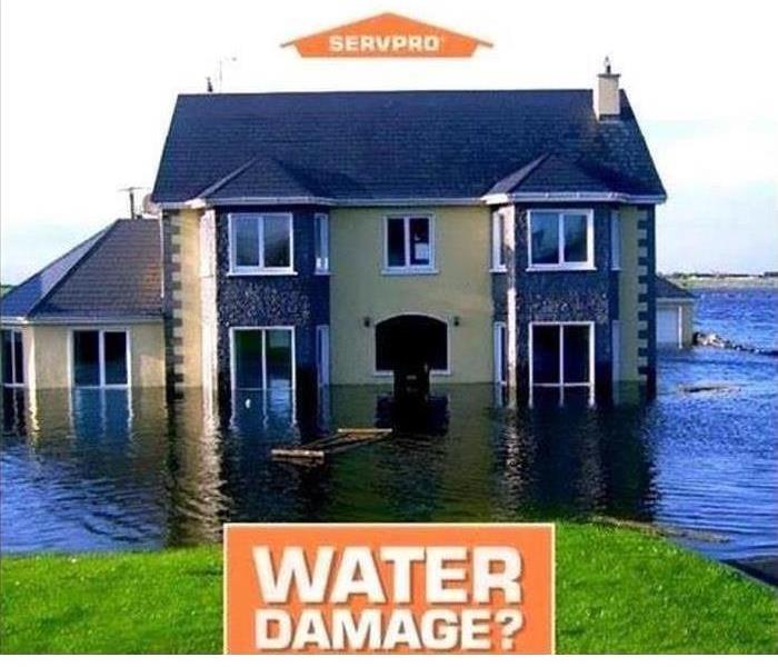 picture of a house surrounded by water and a caption under it saying "water damage?"