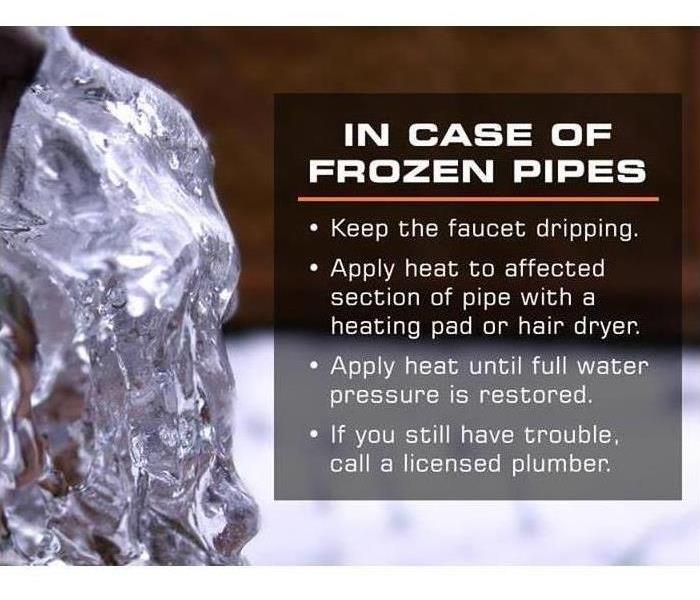 picture of a frozen pipe and SERVPRO's tips on how to prevent frozen pipes